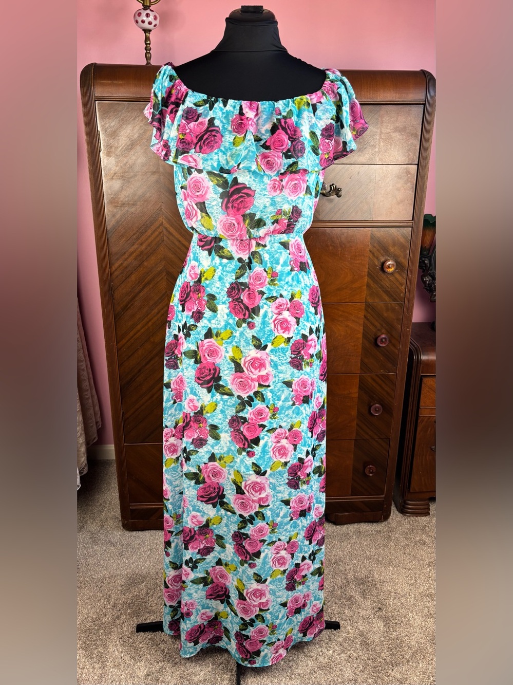 Betsey Johnson Pink Roses Blue Sky Off Shoulder Ruffle Maxi Dress Size 6